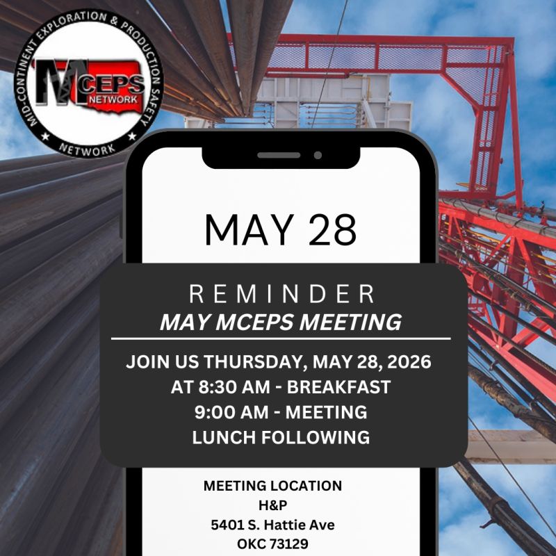 Archived MCEPS flyer: Thursday May 28, 2026; 8:30 AM breakfast, 9:00 AM meeting, lunch following; H&P, 5401 S. Hattie Ave, Oklahoma City, OK 73129.